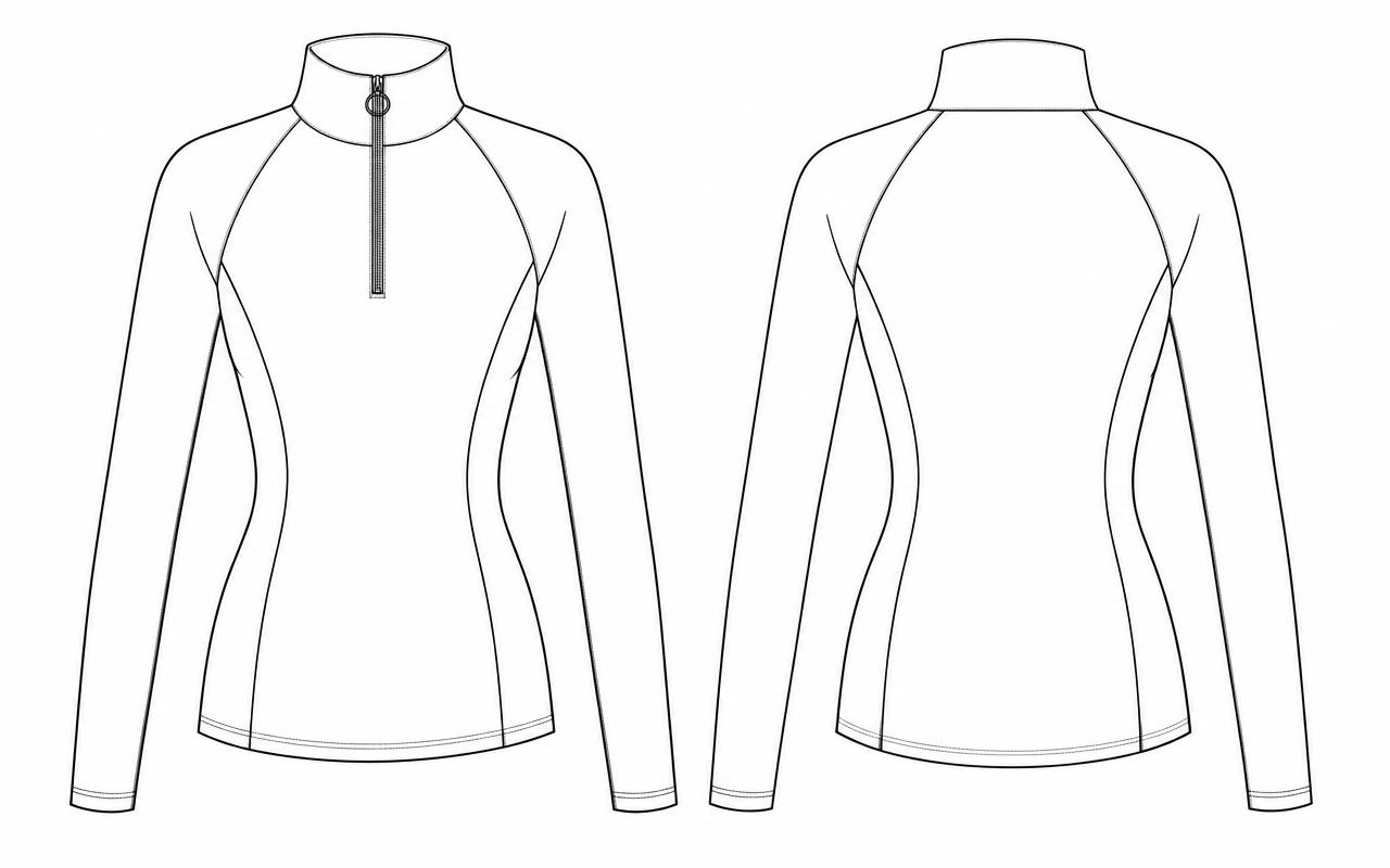 Flat fashion sketch of a half-zip raglan sports top, front and back